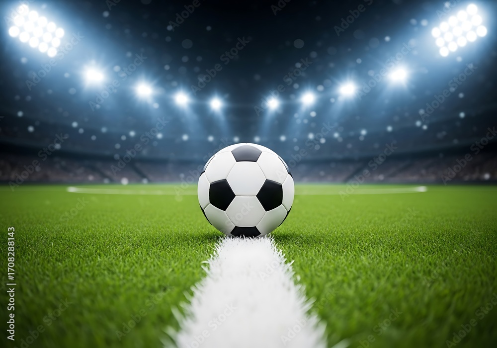 Naklejka premium Soccer ball on the field at night under stadium lights, ready for the game