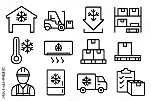 Freezer warehouse line icon set. Cold chain logistics, refrigerated transport, and frozen food storage symbols. Vector icons for forklift, delivery, and inventory management.