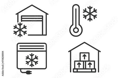 Freezer warehouse and cold chain logistics vector icon set. Outline symbols for refrigeration, frozen food storage, temperature control, and distribution. Cold storage concept.