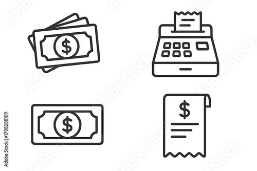 Money Line Icon Set with Cash Register, Receipt, Dollar Bills, Payment Symbols, Financial and Commerce Concepts, Vector Cartoon Outline for Graphic, Web Design, Apps, Ads, Cards