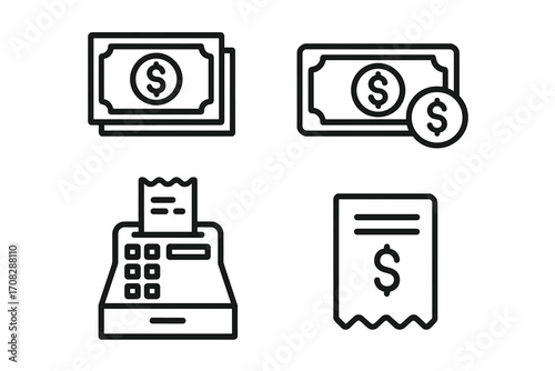 Money line icon pack with cash register, receipt, bills, coins and finance symbols. Outline vector signs for graphic, web design, apps, adverts, cards, business and payment concepts