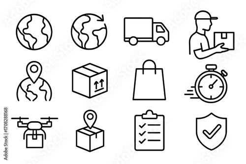 Shipping and delivery line icon set. Global logistics, e-commerce, and transport symbols. Package tracking, courier service, fast express, secure freight, and drone delivery icons.