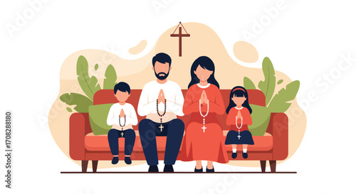 Flat style illustration of a family sitting together on a sofa praying with rosary beads at home, symbolizing faith, devotion, unity, and Christian spirituality in daily life