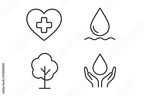 Vector icons. Health care, medical heart. Save water in hands, conservation. Tree for nature, environment. Pure liquid drop. Line art for ecology, charity and donation concept.
