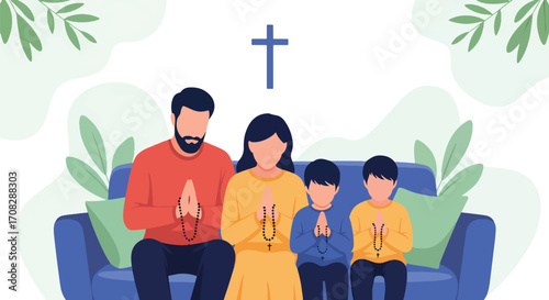 Flat style illustration of a family sitting together on a sofa praying with rosary beads at home, symbolizing faith, devotion, unity, and Christian spirituality in daily life