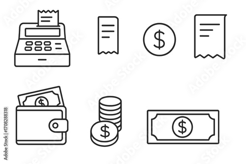 Set of money and payment line icons including cash register, receipts, dollar symbol, wallet with cash, coins stack, and banknote outline for finance, shopping, and business design