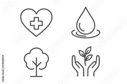 Health, water, tree, plant icon set. Thin line pictogram collection for ecology and care. Concepts for nature, environment, medicine, growth, sustainability for web and apps.