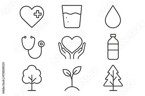Health, water, nature thin line icon collection. Vector set of minimalist symbols for medical care, hydration, environment and growth. For app, web, articles, social media.