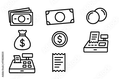 Set of money and cash icons including cash register, receipt, coins, dollar bill, money bag, payment, finance symbols for business and finance design concepts