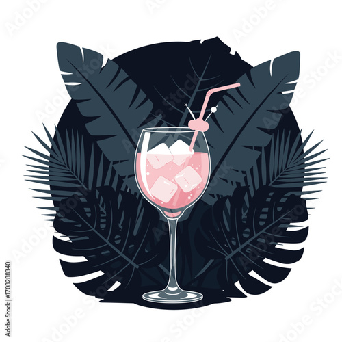 Tropical Pink Cocktail Drink with Palm Leaves.