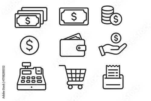 Set of money related line icons including cash register, receipt, wallet, shopping cart, coins, and dollar symbols for graphic design, web, apps, adverts, and business use