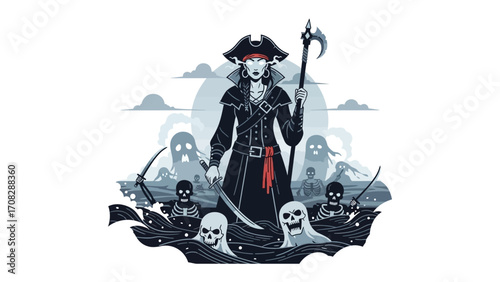 Fearless Captain: A strong woman, dressed as a pirate, confidently stands in a menacing scene. Surrounded by ghostly apparitions, they command attention.