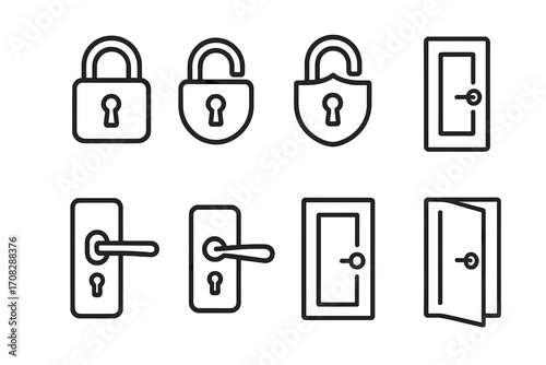 Set of padlock and door outline icons, lock and unlock security signs, door handles and open door line art, protection concept, safety symbols for web design and apps