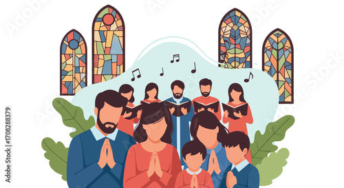 Flat style illustration of a family praying in church with a choir singing near a cross, symbolizing faith, worship, spirituality, unity, and Christian community celebration