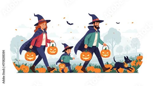 Family Halloween Trick or Treat: A joyful family, dressed in festive Halloween costumes, strolls through a pumpkin patch, each carrying a glowing jack-o'-lantern. A spirited dog accompanies them.