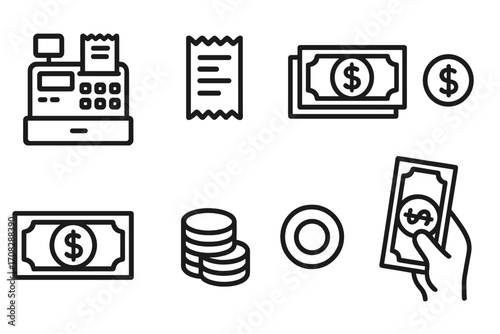 Money related line icons pack, cash register, receipt, dollar bills, coins, hand holding cash, financial symbols, payment, banking, commerce, shopping, vector cartoon illustration