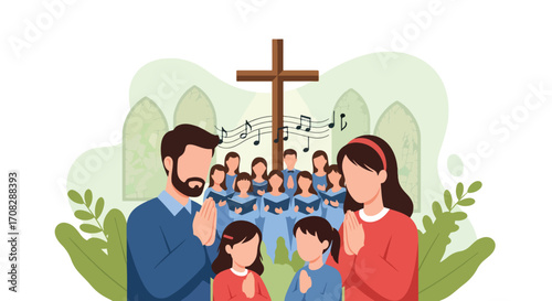 Flat style illustration of a family praying in church with a choir singing near a cross, symbolizing faith, worship, spirituality, unity, and Christian community celebration