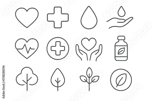 Minimalist line icon collection for health, care, and nature. Vector symbols for cardiology, medicine, wellness, natural products, ecology, and environment. Simple outline.