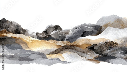 Abstract landscape, rocky mountains, painted in grey, gold, and black hues, layered on white background