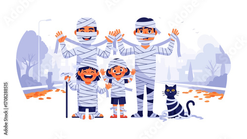 Happy Mummy Family: A family dressed as mummies celebrates the joy of Halloween. A cute black cat sits close by, adding to the fun.