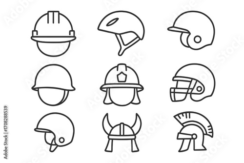 Helmet line icon set collection. Vector outline signs for web design, apps, ads. Safety hard hat, firefighter, bicycle, motorcycle, football, military, viking, roman helmets.
