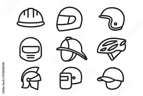 Helmet line icon set. Collection of head protection signs. Safety hard hat, motorcycle racing, bicycle, firefighter, police, and ancient warrior headgear. Vector outline symbols.