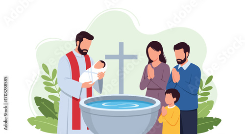 Flat style illustration of a priest holding a baby during a baptism ceremony with family praying, symbolizing faith, tradition, blessing, and spiritual celebration in Christianity.