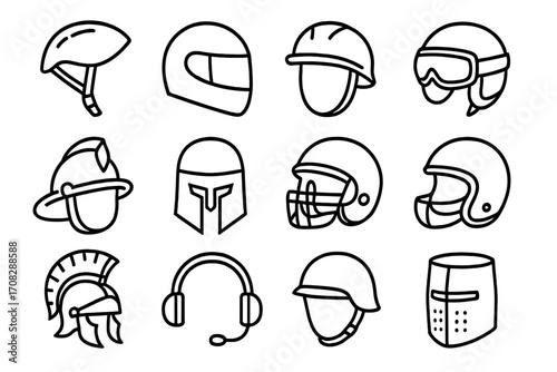 Helmet line icon set. Racing, bicycle, football, knight, spartan, military, firefighter headwear. Outline vector symbols for web, apps, graphic design. Simple linear pictogram.