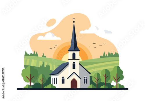 Flat style illustration of a countryside church with tall steeple at sunset, surrounded by trees and fields, symbolizing faith, spirituality, peace, and a serene place for reflection