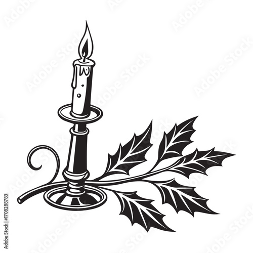 Vintage black and white illustration of a lit candle in a candlestick with a holly branch, isolated on white background