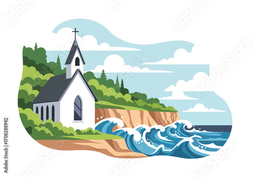 Flat style illustration of a coastal church on a cliff above ocean waves, symbolizing faith, spirituality, strength, and peace in a scenic seaside landscape