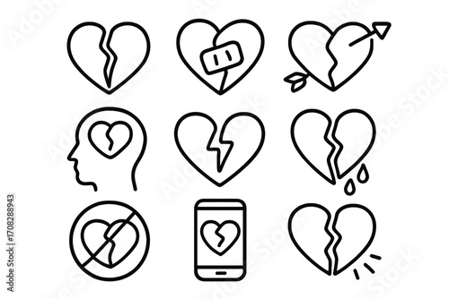 Pack of broken heart line icons, outline signs for graphic design, web, apps, adverts, romantic breakup concepts, love distress, emotional pain symbol set, vector illustration