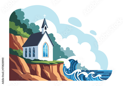 Flat style illustration of a coastal church on a cliff above ocean waves, symbolizing faith, spirituality, strength, and peace in a scenic seaside landscape