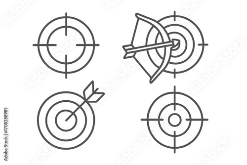 Set of Aim and Target Line Icons, Bullseye Outlines with Arrow and Bow Symbols for Graphic Design, Web, Apps, Advertising, Business, Vector Cartoon Illustration