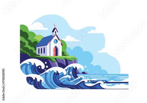 Flat style illustration of a coastal church on a cliff above ocean waves, symbolizing faith, spirituality, strength, and peace in a scenic seaside landscape