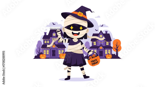 Halloween Costume with Trick or Treat: A charming cartoon character dressed in a Halloween mummy costume stands amidst a festive, slightly spooky village, holding a trick-or-treat bag.