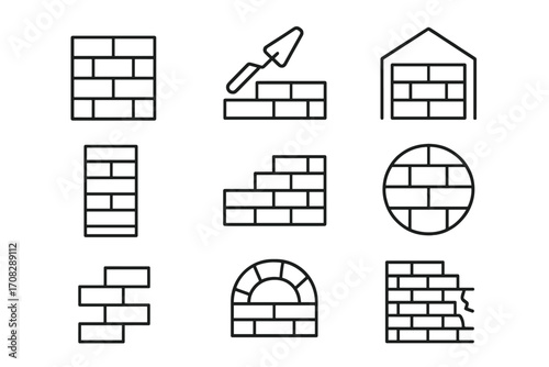 Set of brick wall line icons, building construction outline symbols for graphic design, web apps, advertising, architecture, masonry, repair, structure, vector illustration with transparent background