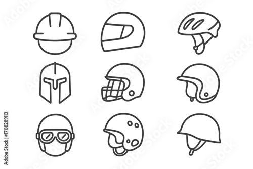 Pack of Helmet Related Line Icons with Various Helmet Types, Outline Signs for Graphic, Web Design, Apps, Adverts, Cards, Vector Cartoon Illustrations with Transparent Background