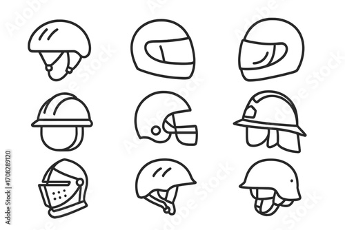 Set of helmet line icons, safety and sports headgear symbols, motorcycle, bike, football, construction, fireman, knight, military protective helmets, cartoon vector