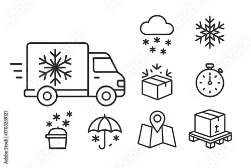 Delivery truck with snowflake icon and cold weather related line icons set for fast shipping, cold storage, fragile packaging, timely delivery, location tracking, and weather protection vector
