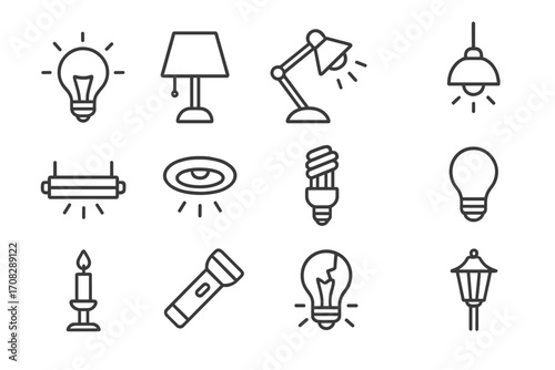 Set of light related line icons including lamps, broken bulbs, flashlights, candles, and ceiling lights. Outline vector symbols for graphic design, web, apps, advertisements, cards.