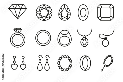 Set of Jewelry Line Icons including Diamond Cuts, Rings, Necklaces, Earrings, Bracelets, and Jewelry Mirror Outline Vector Collection for Design and Fashion Concepts