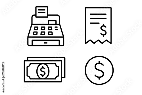 Set of money related line icons with cash register, receipt, dollar bills, and coin symbols. Outline vector signs for graphic design, web, apps, advertisements, business, and finance concepts