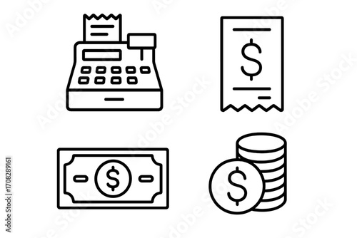 Set of money related line icons including cash register, receipt, dollar bill, and coin stacks. Outline vector symbols for finance, shopping, payment, and business design apps and websites.