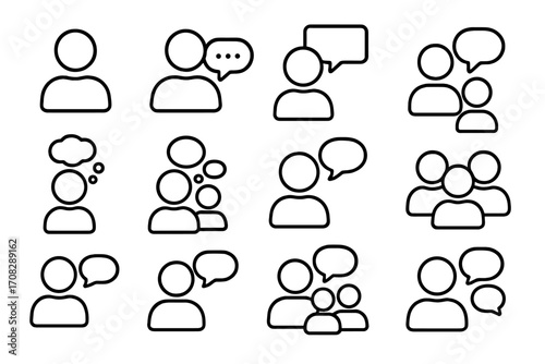 Set of people and speech bubble line icons, communication and conversation symbols, chat and dialogue outline signs, social interaction vector graphics for web, apps, and marketing designs