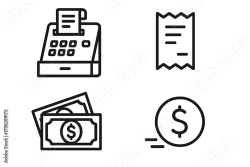 Set of money related line icons including cash register, receipt, dollar bills, and fast coin payment symbols for graphic design, web, apps, advert, and finance concepts