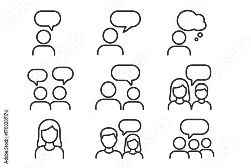 Pack of people with speech bubbles line icons, outline communication signs, chat and conversation symbols, graphic and web design elements, social interaction vectors, app and advert illustrations