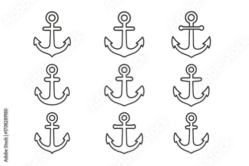 Set of nautical ship anchor line icons, maritime anchor outline signs for graphic design, web apps, advertising, card designs, vector cartoon illustrations with transparent background