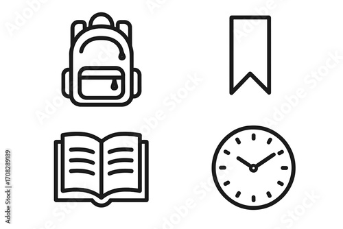 Set of school, college, university education line icons with editable stroke for design, web, apps, and cards including backpack, bookmark, book, clock, study and learning symbols