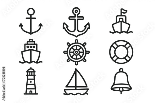 Set of ship related line icons, nautical anchor, ship helm, lighthouse, sailboat, bell, lifebuoy vector illustrations for graphic design, web, apps, adverts, marine themes